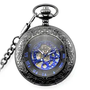 Retro Plastic Convex Lens Hollow Flip Pocket Watch With Chain Hand Winding Mechanical Pocket Watches For Men