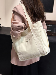 Borsa Tote Personalizzata in Tessuto Naturale da Donna, Borsa di Grande Capienza per Studenti Universitari con Tasca, in Tela per Lavoro e Libri - Product Image 3