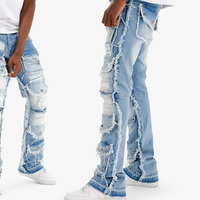 Jeans cargo homme YIJIA, coupe empilée, style streetwear, ambiance américaine, déstructuré, avec ourlets effilochés