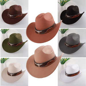 Zhenxi Cowboy <b>Hat</b> Solid Color Polyester Artistic Retro With Metal Ornament <b>Band</b> For Fashion Accessories - Product Image 2