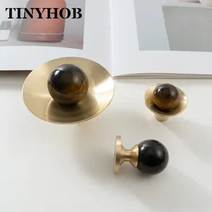 Batu Mata Harimau Alami + Gagang Kabinet Kuningan Padat Kenop Batang Bergalur Emas untuk Perangkat Keras Furnitur Pintu Lemari Laci Dapur - Product Image 4