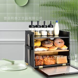 Bread Box Wooden Black Double Layer <b>Kitchen</b> Countertop <b>Storage</b> Bread <b>Container</b> - Product Image 4