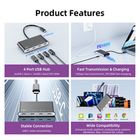 Hub USB C de 4 Puertos, USB 3.2 Gen 2 10Gbps, Divisor Tipo C con Carga Rápida PD de 100W, Adaptador Multipuerto para Laptop MacBook Pro
