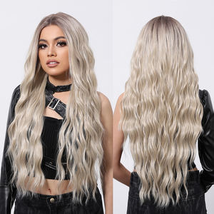 Perruque synthétique ondulée <span class=keywords><strong>en</strong></span> fibre Future Fiber, style libre, 13x6, avec dentelle, <span class=keywords><strong>cheveux</strong></span> bouclés, photo réelle, haute densité, racines brunes, ombré blond - Product Image 1