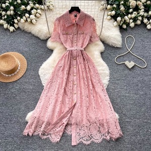 Robe élégante chic en dentelle française à manches courtes, cintrée à la taille, coupe trapèze pour femme - Product Image 1