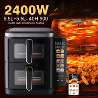 Friteuse à air double 5,5 L, 2 friteuses indépendantes avec synchronisation intelligente, 1750 W, 8 fonctions en 1, antiadhésive, compatible lave-vaisselle, friteuse à air double