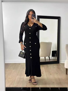 Women 2024 Autumn Winter Fashion Long Temperament V-neck Slim <strong>Button</strong> Down <strong>Solid</strong> <strong>Color</strong> Knitted Long Sleeved Dress - Product Image 4