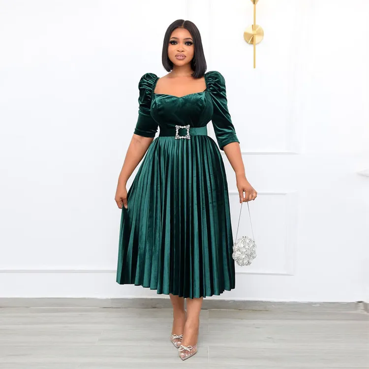 Fashion Long Sleeve Pure Color Professional Office High Waist Dress Large Size Women's African Green Mid-length Dress