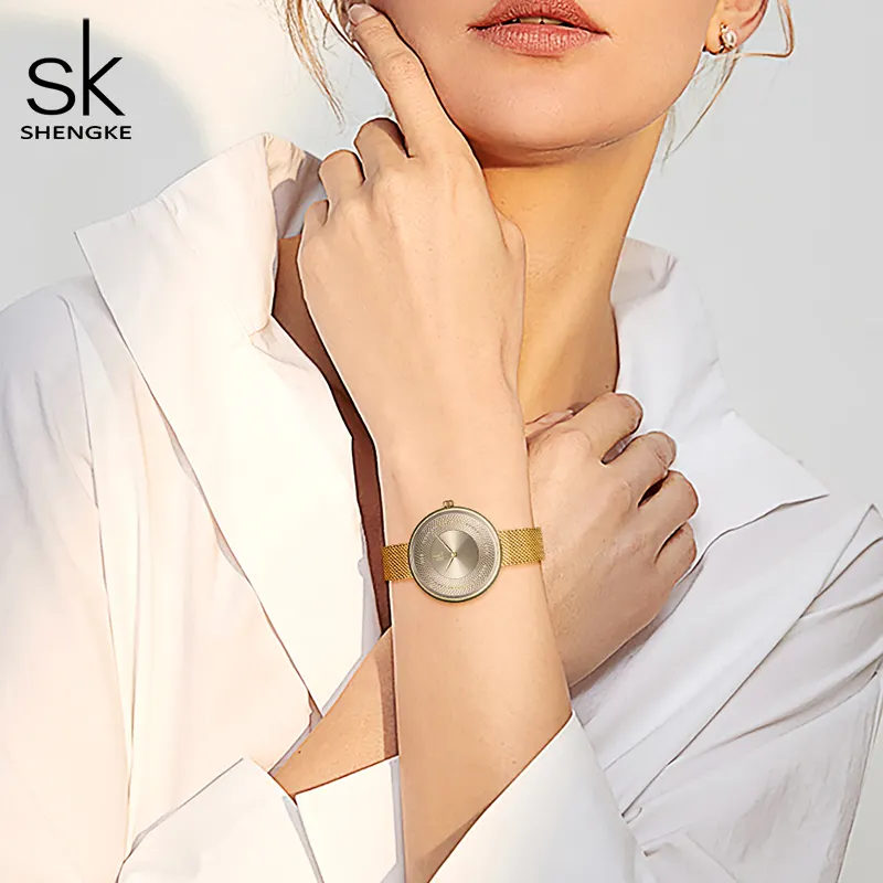 Shengke Luxury Gold Japanese Quartz Movement With Steel Mesh Strap Retro women's waterproof women's watch K0132L