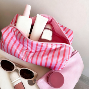 Sac de maquillage rayé rose personnalisé en gros, fermeture éclair, écologique, portable, pour filles - Product Image 6