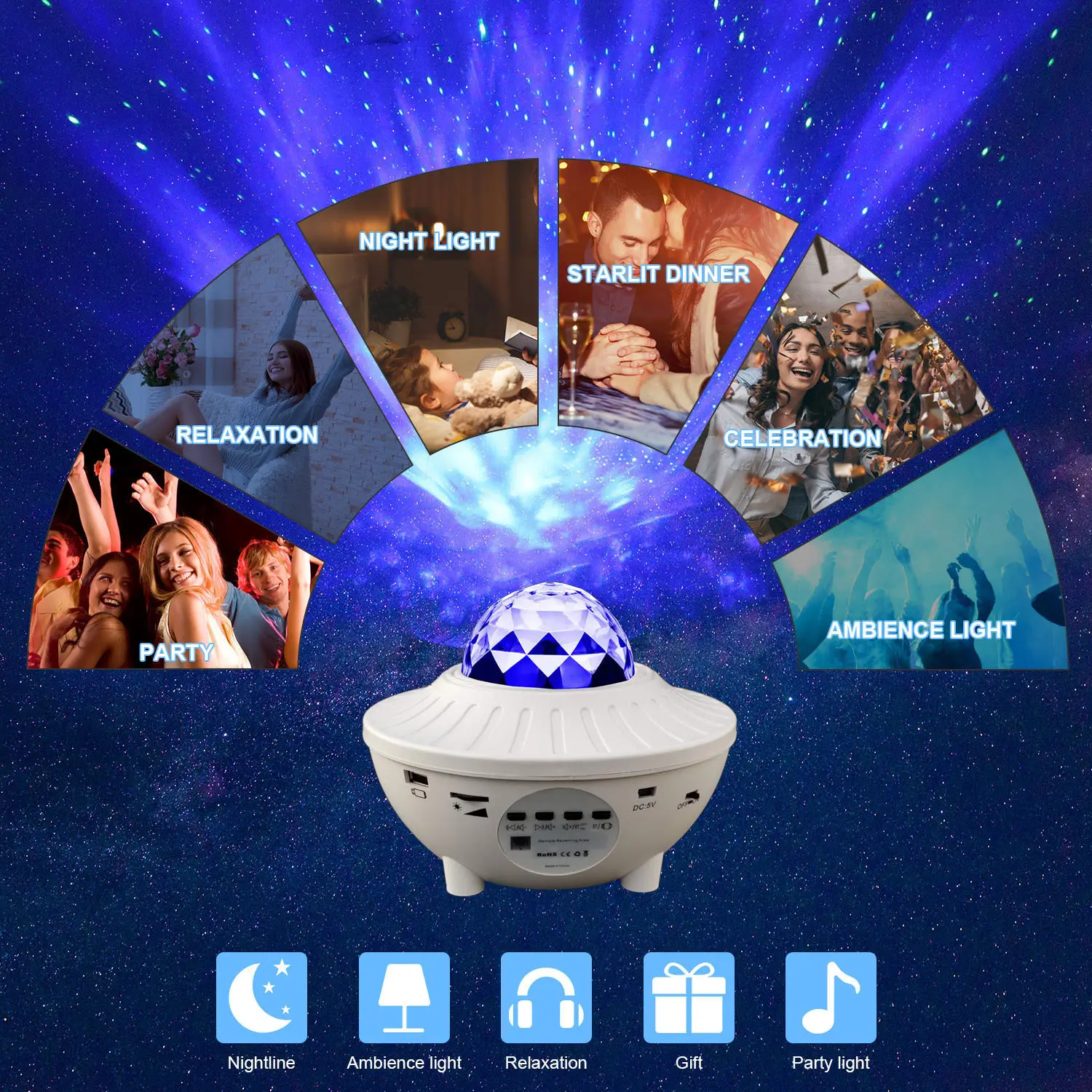 star Projector LED Star Night Light Lamp Music Starry Water Wave Projector light music Sound-Activated Light