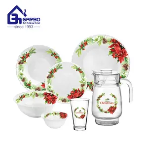 Wholesale tableware new combined cheap 32pcs opal ware dinner set with glass cup and jug Christmas design for daily dinner