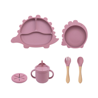 Nieuwe Cartoon Dinosaurus Diner Plaat Kinderen Voeden Set 6 Stuk Zuignap Kom Snack Cup Set Baby Rietje cup