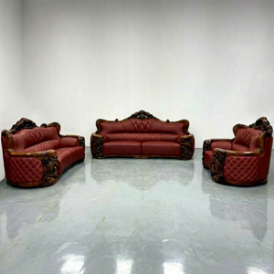 Juego de Sofás de Cuero de Lujo Estilo Europeo en Ébano, Muebles de Madera Tallada para Sala de Estar de Villa, Apartamento u Hotel, Combinación Móvil - Product Image 1