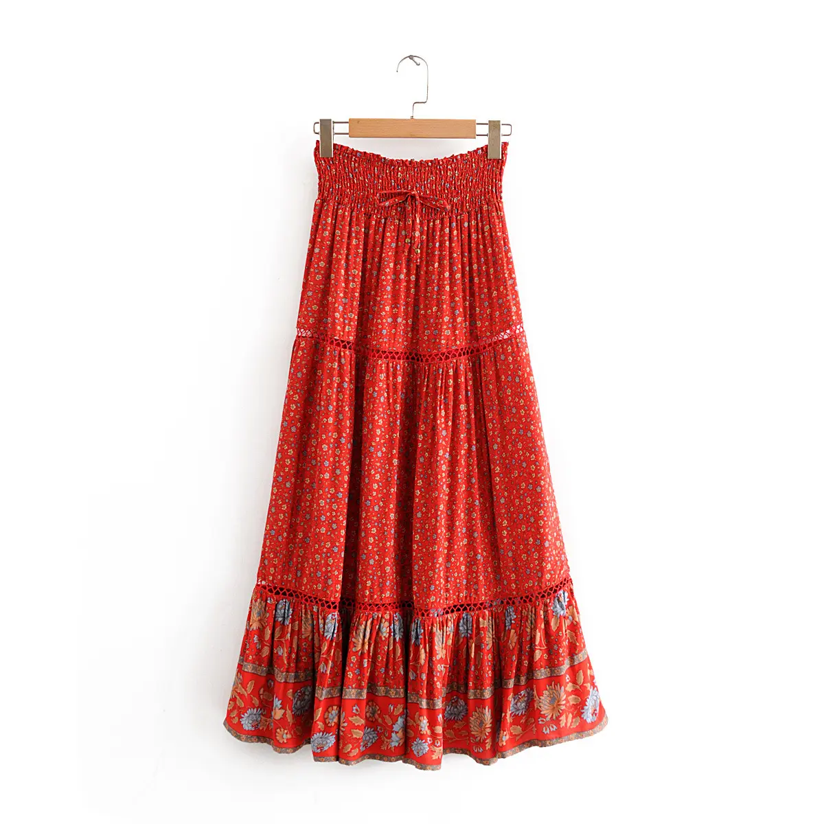 Bohemian Holiday Style New Women Casual Cotton Floral Printed Tassel Lace Up Elastic Waist Long Maxi Skirts