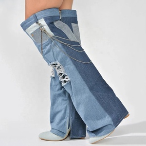 Chain Decor Women Denim Overlay Over Knee High <b>Boots</b> Ladies High Chunky Heels Shoes Patchwork Jeans <b>Pants</b> Long Booties - Product Image 2