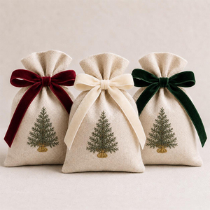 Sac de Noël en <span class=keywords><strong>lin</strong></span> brodé avec cordon de serrage et nœud, réutilisable pour bonbons et cadeaux, idéal pour la décoration de fêtes - Product Image 1
