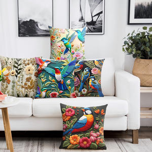 Funda de Cojín Bordada en 3D con Diseño de Plantas, Flores y Aves, Funda de Almohada Decorativa con Impresión Digital Colorida - Product Image 1