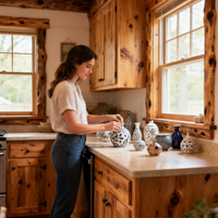 Armoire de cuisine Shaker en bois massif entièrement personnalisée, finition chêne avec vitrine pour projet résidentiel