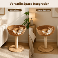 Panier pour chat en rotin tressé naturel avec griffoir en sisal et base en bois massif, mobilier d'intérieur pour animaux de compagnie