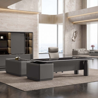 Bureau de direction Boss avec surface en bois grainé, bord arrondi, armoire latérale de rangement, table de luxe pour bureau d'entreprise, salle du PDG