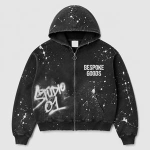 Sweat à capuche homme personnalisé, coupe ample, style streetwear, noir délavé vintage, effet éclaboussures de peinture, imprimé graphique, coupe courte, fermeture éclair intégrale, poche kangourou - Product Image 1