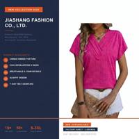 Blusa Premium para Mujer, Color Magenta, Estilo Casual, Cuello en V con Ribetes Verticales, Cuello Superpuesto, Secado Rápido, Antiarrugas, Manga Corta