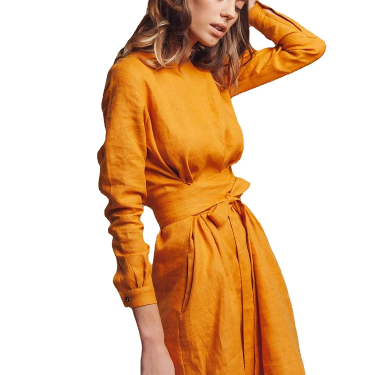 Wholesale New Design Women Clothing Dress Cotton Linen Crew Neck Linen Dress With Belt Orange Casual Dress For Women