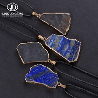 Collar con Colgante de Labradorita Natural y Lapislázuli en Rodajas, Borde Chapado en Oro, Piedra Natural con Cordón Negro, Venta al Por Mayor