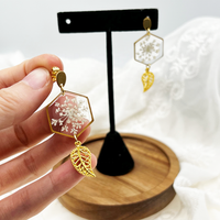 Bijoux anciens pour femmes, feuille hexagonale en or et dentelle de la reine Anne, véritable fleur, boucles d'oreilles pour elle