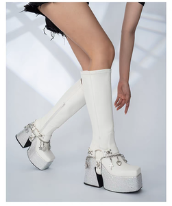 Bottes montantes tendance coréennes pour <span class=keywords><strong>femme</strong></span>, en cuir véritable, à plateforme, antidérapantes, respirantes, avec cristaux - Product Image 4