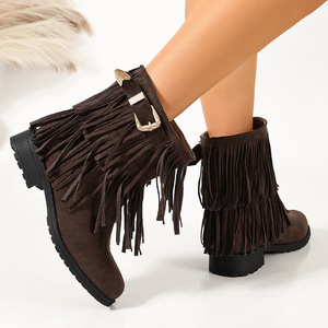<strong>Women's</strong> Western Suede Work Double Fringe <strong>Ankle</strong> <strong>Boots</strong> Round Toe <strong>Low</strong> Block <strong>Heel</strong> Slip-On <strong>With</strong> Metal Buckle for All Seasons - Product Image 3