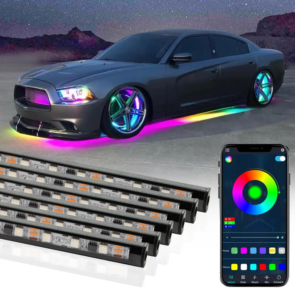OKEEN LED Car Underglow Light RGB Dream Color Chasing Strip Light Kit 6 PCS Waterproof Exterior Car Light APP Control Tuning