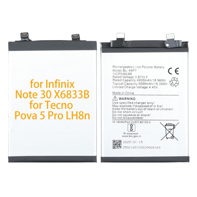 OEM 5000mAh BL-49PT Lithium Battery Rechargeable for Infinix Note 30 X6833B Tecno Pova 5 Pro LH8n in Stock