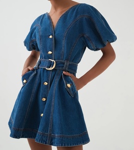 Vestido vaquero mini <span class=keywords><strong>de</strong></span> <span class=keywords><strong>mujer</strong></span> con diseño personalizado, nuevo, <span class=keywords><strong>de</strong></span> verano, con botones frontales, cuello en V, corte A, informal, lavado, azul. - Product Image 2