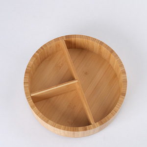 Caja de almacenamiento redonda de bambú, organizador de escritorio con tres compartimentos para aperitivos, frutas, uso en oficina - Product Image 1