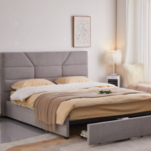 Cama de Madera Maciza de Diseño Chino con Cabecera Tapizada en Tela Cómoda y Cajón de Almacenamiento Extraíble en Venta - Product Image 1