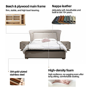 <span class=keywords><strong>Lit</strong></span> en cuir capitonné beige avec tête de <span class=keywords><strong>lit</strong></span> à volants |   Meubles de chambre à coucher King Size avec finitions dorées - Product Image 2