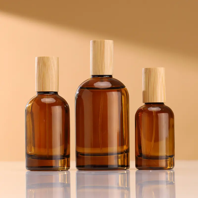 Custom Wholesale Perfume in Dubai 50ml Perfume Bottles 30ml 100ml Amber Glass Pump Sprayer Bottle with Bamboo Lid