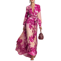 Robe longue élégante et chic en mousseline imprimée, style européen et américain, à manches longues, col en V, laçage et taille haute, nouvelle collection printemps