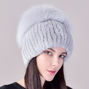 Gorro de Piel de Conejo Rex Auténtica, Gorro de <span class=keywords><strong>Paja</strong></span> con Piel de Zorro, Gorro de Punto Cálido y Grueso, Gorro Baotou de Felpa para Mujer, Gorros de Moda para Otoño e Invierno - Product Image 4