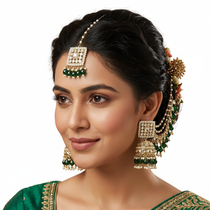 Parure de bijoux traditionnels ethniques vintage pour mariée, boucles d'oreilles pendantes en alliage plaqué or, certifiées par un tiers, avec Maang Tikka assorti, haute qualité - Product Image 2