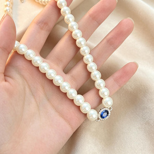 Sapphire Pearl Necklace AAA Grade White Pearls With Blue Gemstone For Women Everyday Wear Collarbone Chain Simple Elegant Style - Product Image 4