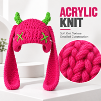 Bonnet tricoté fantaisie à double cornes et longues oreilles, bicolore, en fil épais, idéal pour les voyages, les fêtes, cadeau, vente en gros, faible MOQ, OEM