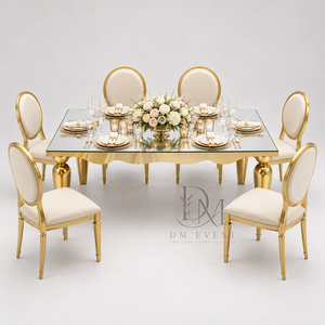 Mesa de Banquete Rectangular Clásica de Acero Inoxidable Dorado con Espejo de Vidrio, Borde Festoneado y Patas Talladas para Venta al por Mayor - Product Image 3