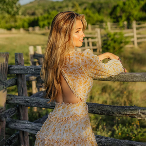 Manga de globo <span class=keywords><strong>Amarillo</strong></span> Floral Impreso Gasa Cuello en V profundo <span class=keywords><strong>Espalda</strong></span> <span class=keywords><strong>abierta</strong></span> Dobladillo con volantes Elegante Casual <span class=keywords><strong>Vestido</strong></span> corto de verano para mujer - Product Image 4