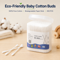 Bâtonnets de coton écologiques pour bébé, 200 pièces, bâtonnets en papier biodégradable, 100% coton pur, embouts doux, nettoyage du nez et des oreilles des nouveau-nés, 7,5 cm