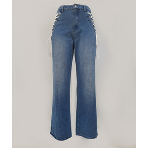 <span class=keywords><strong>Jeans</strong></span> da Donna di Alta Qualità Personalizzati, Casual, a Gamba Larga, Vita Media, con Design a Cinghie Laterali, <span class=keywords><strong>Jeans</strong></span> Lavati, Pantaloni da Donna - Product Image 1