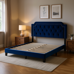 Lit à plateforme en velours de taille Queen avec tête de lit à boutons stylée et garniture de tête de lit - Product Image 2