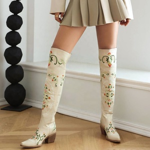 Women Floral Embroidered Over Knee High Boots Ladies Low 6cm Wedge Heels <b>Shoes</b> Pointed Toe Flower Long Booties - Product Image 4
